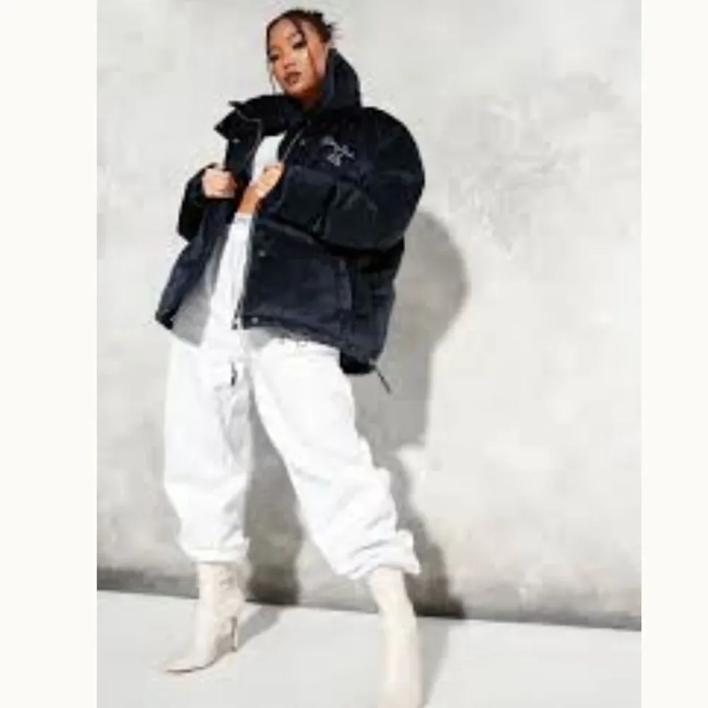 Sean John X Missguided Puffer Jacket Womens 2 US Navy Blue Velour Oversized Y2K - Picture 6 of 16